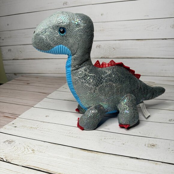 Metallic Sparkly Brontosaurus Dinosaur Plush Toy With Blue Belly & Red Spikes - Picture 1 of 8